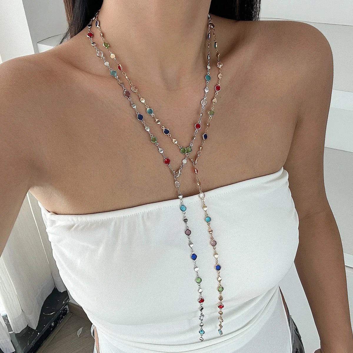 Vintage Faux Pearl & Crystal Tassel Y-Necklace Set, 2 Pcs/Set