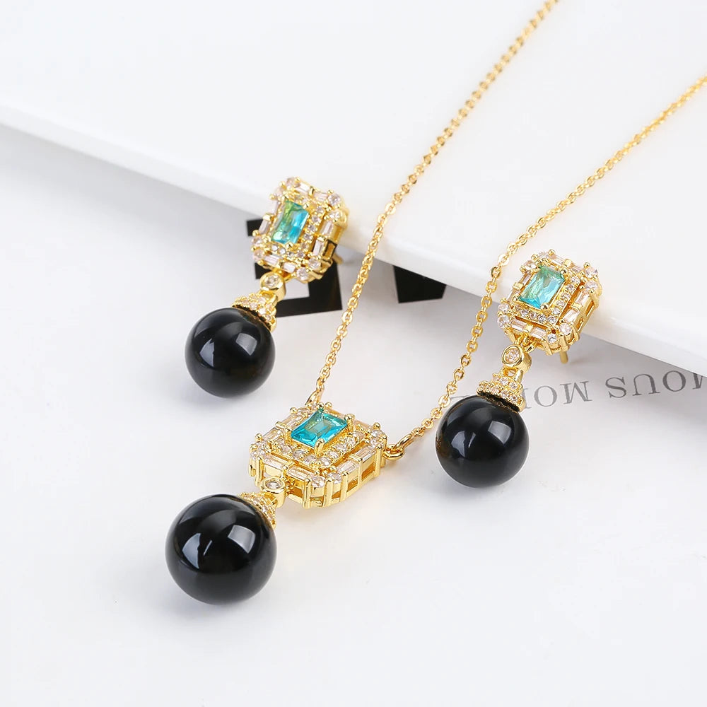 Luxury New Design Simple Irregular Pearl Classic Retro Pendant Necklace Earring Jewelry Set 18K Gold Plated Square Crystal Women