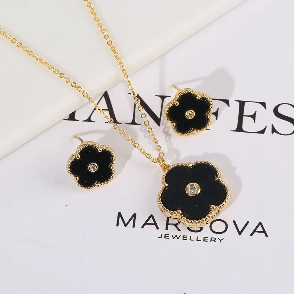 Double Sided Zircon New Design Plant Pentaphyllum 2pc Set Cute Shell Jewelry For Women's High-Quality Gifts Luxurious Clover