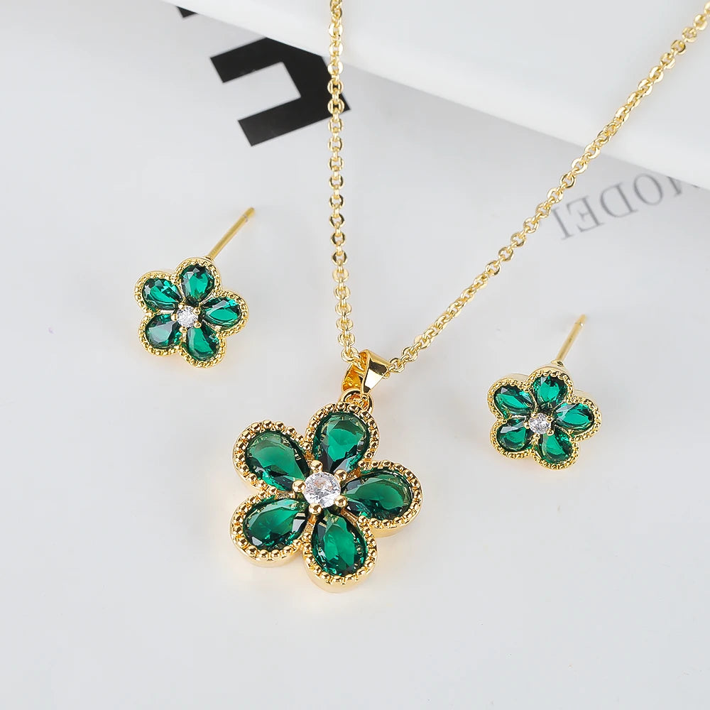 2PC Glass Crystal New Sweet Pendant Necklace Earrings Plum Blossom Five Leaf Flower Luxury Plant Women's Gift Clover