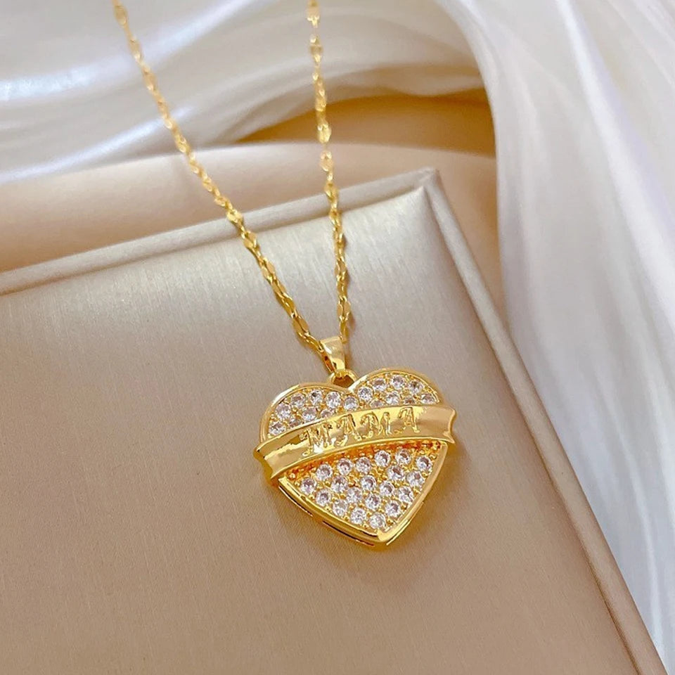 Classic Gold-Color Stainless Steel Shiny Zircon Geometric Heart Pendant Necklace