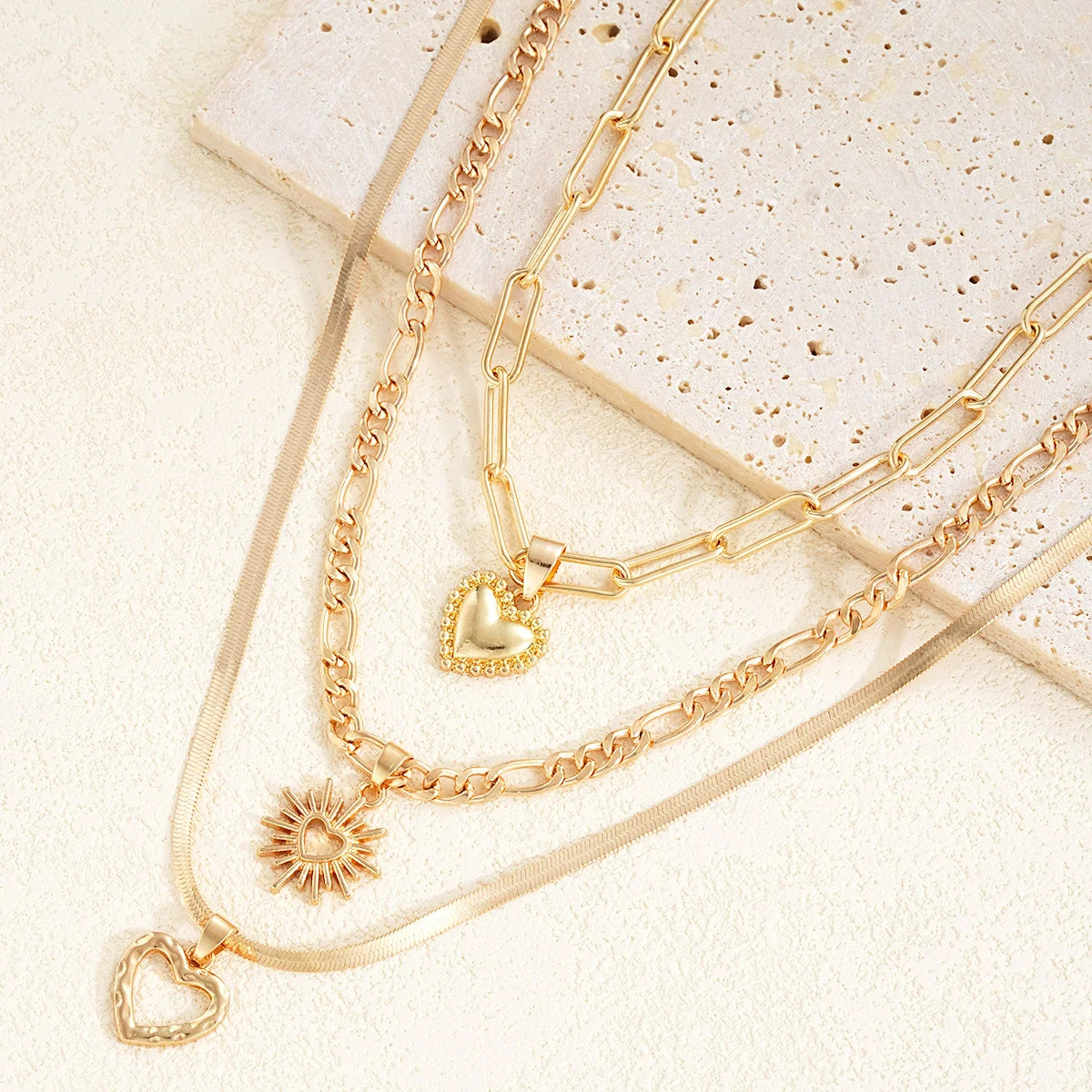 Boho Hollow Heart Gold Color Copper Pendant Necklace Set, 3 Pcs/Set