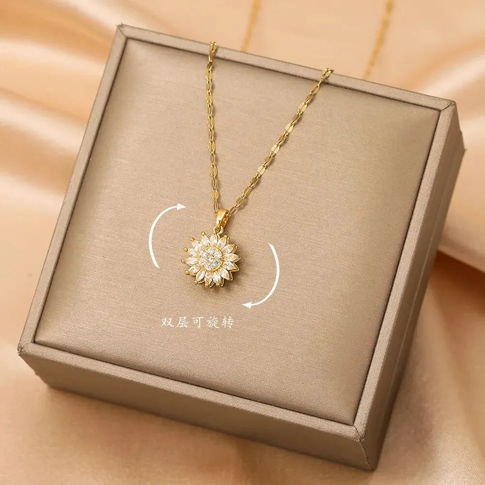 Collier Pendentif Tournesol Pivotant Tendance en Acier Inoxydable et Zircon