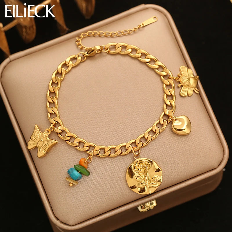 EILIECK Women's Fashion Retro Multi-Charm Chain Bracelet Gold Color Stainless Steel Flower Heart Butterfly Charm Bangle Jewelry