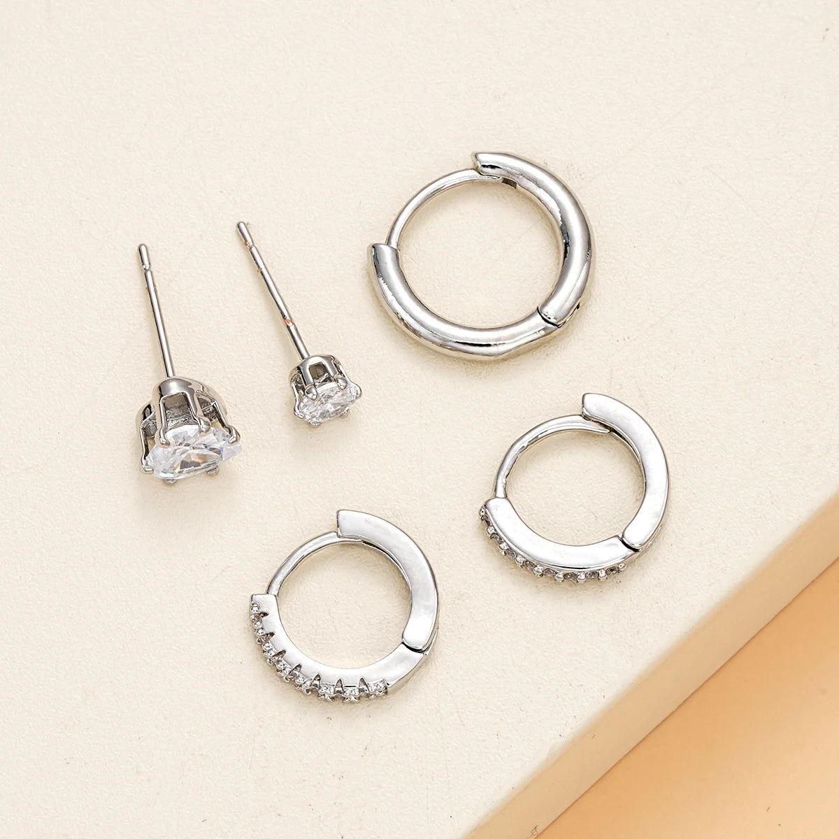 Minimalist Silver Color Heart Zircon Crystal Hoop Earring Set, 5 Pcs/Set