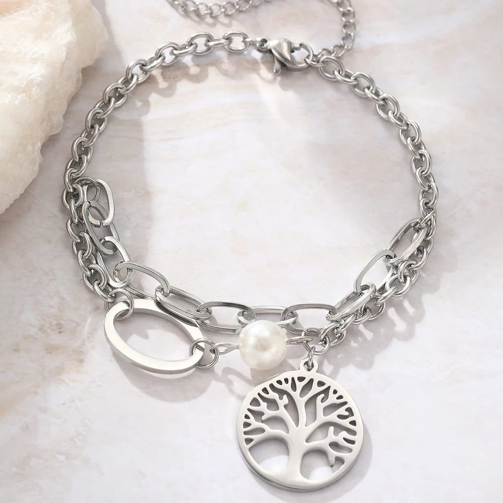 Stainless Steel Bracelets Classic Fortune Tree Crystal Pendant Chain Fashion Exquisite Bracelet For Women Jewelry Wedding Gifts