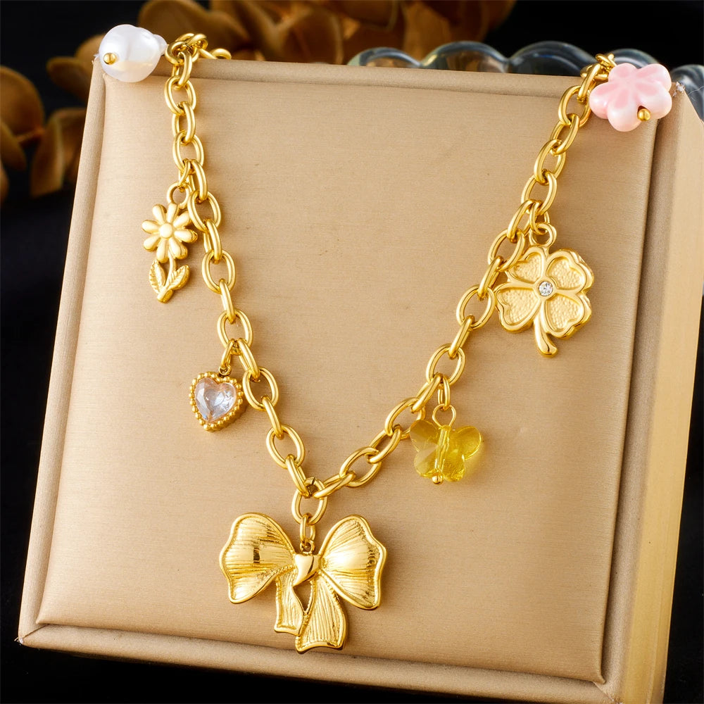 DIEYURO 316L Stainless Steel Golden Heart Sun Multiple Pendants Necklace Women New Fashion Marine Style Neck Chain Jewelry Gift