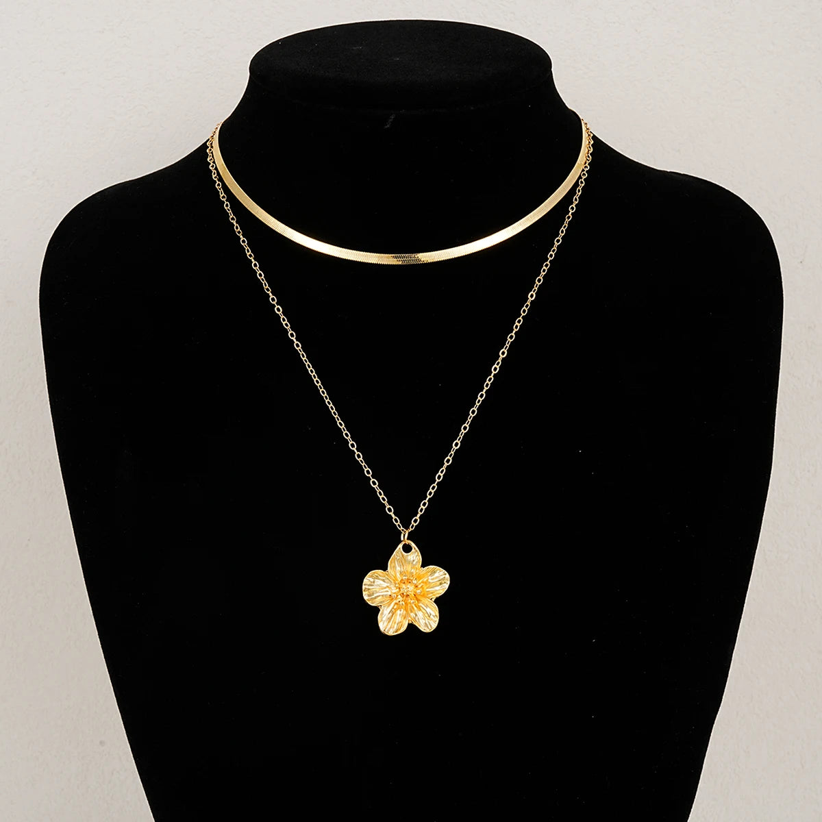 Retro Gold Color Flower & Snake Chain Necklace Set, 2 Pcs/Set