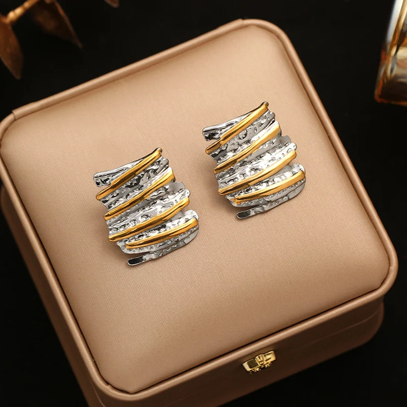 EILIECK 316L Stainless Steel Metal Two-Color Geometric Stud Earrings For Women Trendy High-Quality Waterproof Earring Jewelry