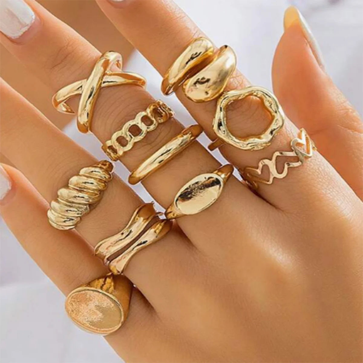 Vintage Exaggerated Smooth Asymmetrical Geometric Rings Set, 14 Pcs/Set