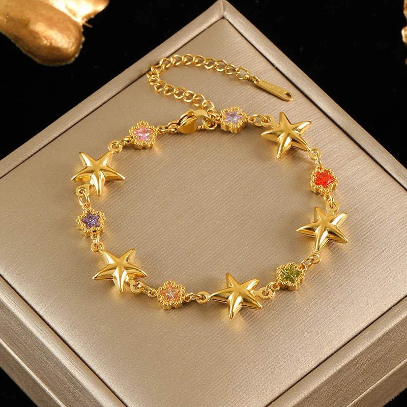 EILIECK 316L Stainless Steel Flowers Stars Charms Bracelets for Women Trendy Layered Pearl Chain Bangles Gold Color Jewelry Gift