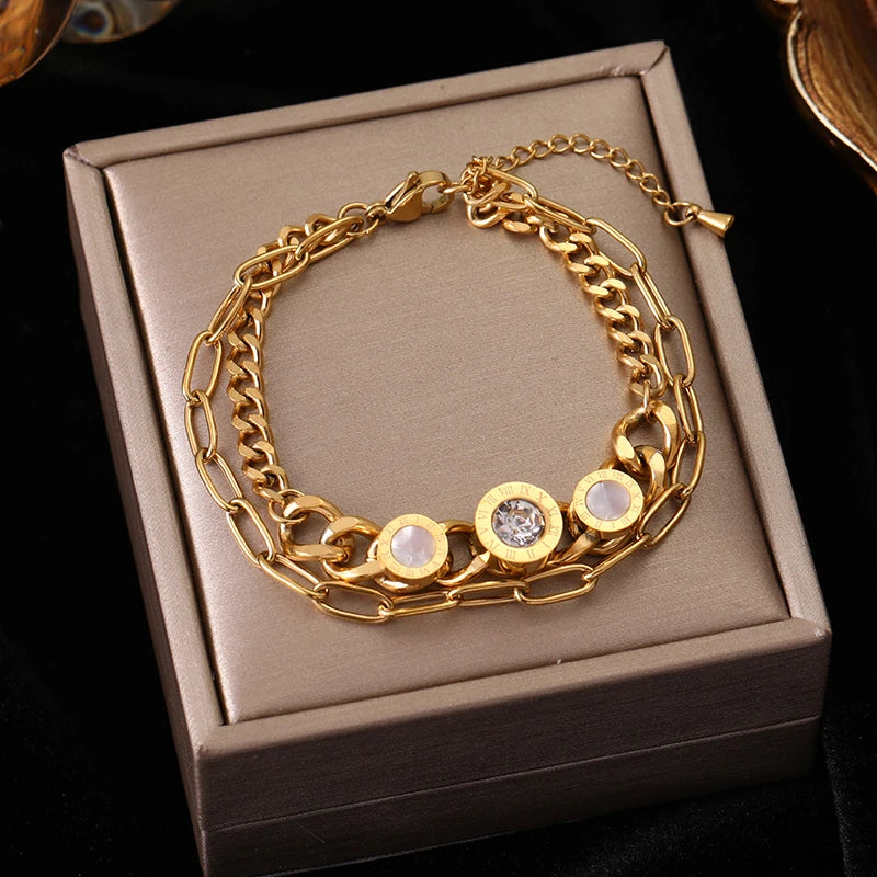 EILIECK 316L Stainless Steel Round Roman Numerals Charms Bracelet For Women Trendy Waterproof Hand Chain Summer Vacation Jewelry