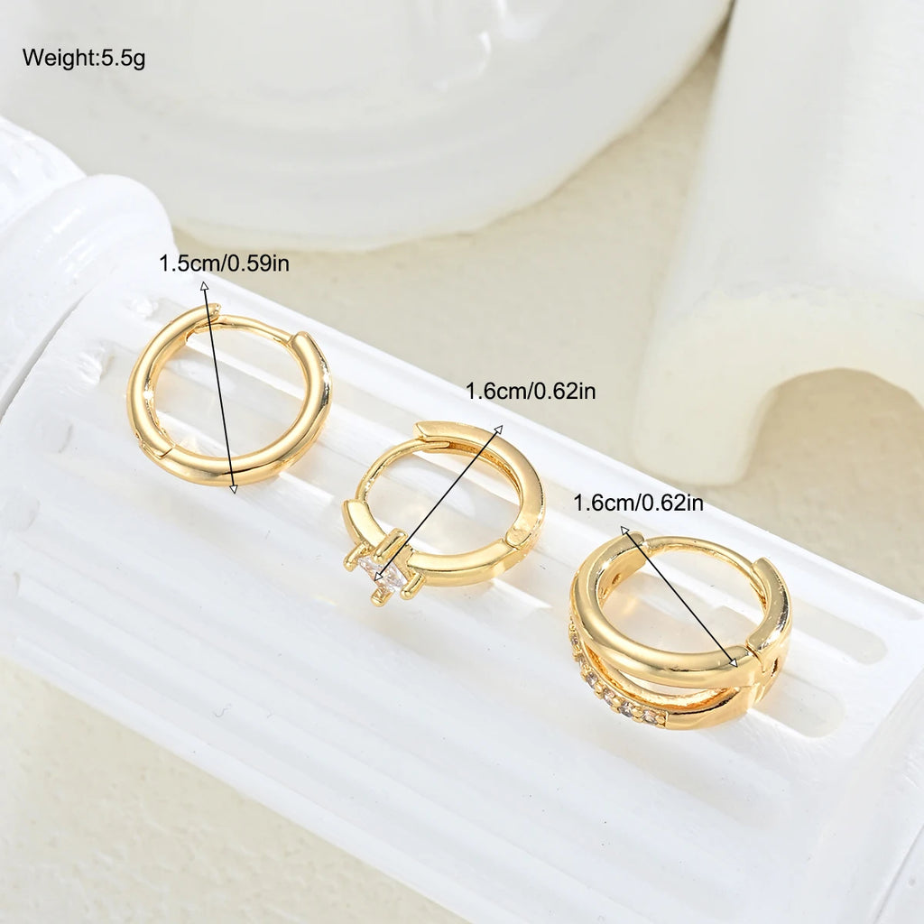 Lot de 3 Boucles d'oreilles créoles Huggie en acier inoxydable brillant et cristal