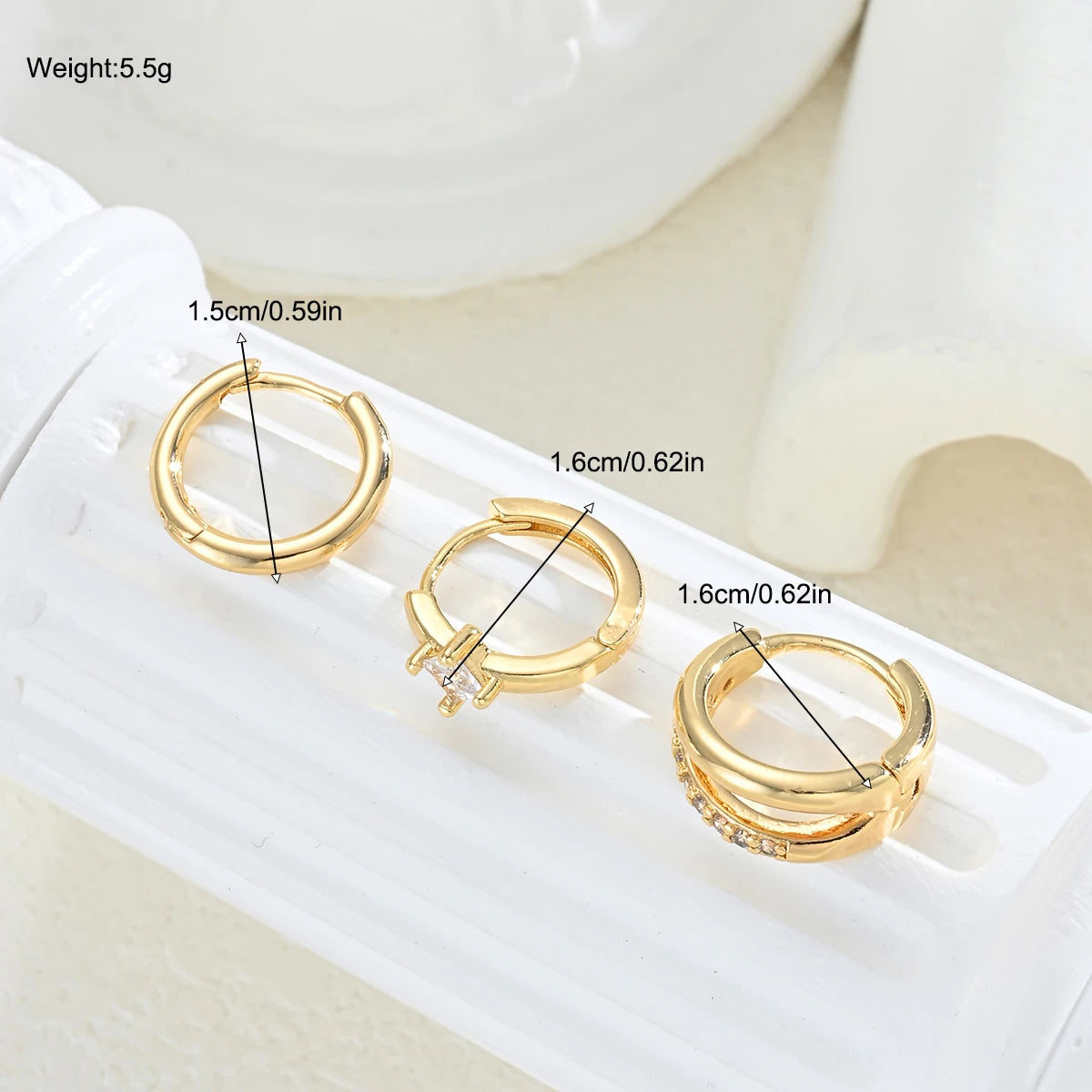 Lot de 3 Boucles d'oreilles créoles Huggie en acier inoxydable brillant et cristal