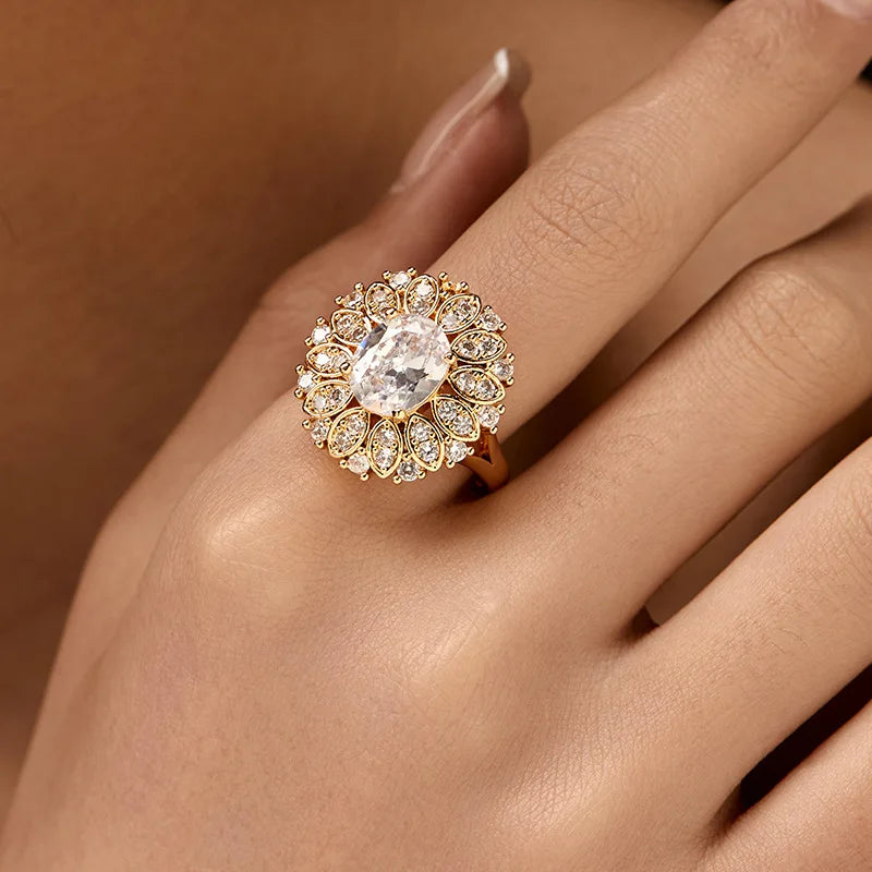 Personalized 18k Gold Plated Exquisite Zircon Ring with Opening Design European American Style Elegant Women Finger Ring