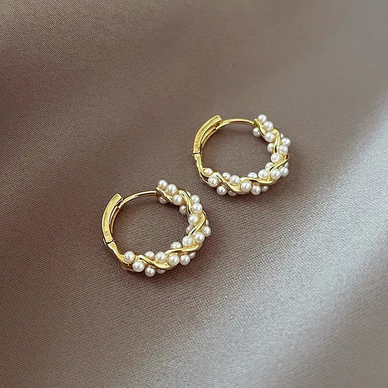 French-Style Minimalist Small Round Imitation Pearl Hoop Earrings