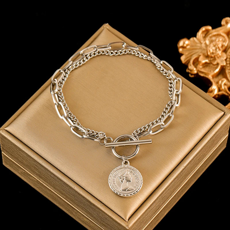 EILIECK 316L Stainless Steel Gold Color Portrait Coin Necklace Bracelets Set For Women New Trendy OT Buckle Waterproof Jewelry