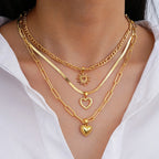 Boho Hollow Heart Gold Color Copper Pendant Necklace Set, 3 Pcs/Set