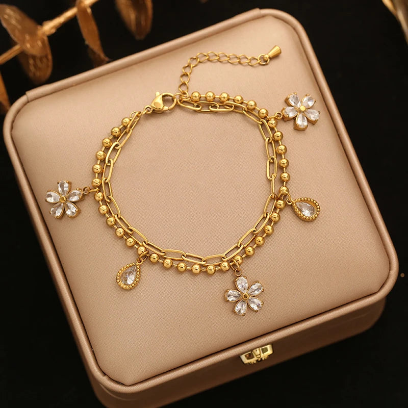 EILIECK Women's Fashion Retro Multi-Charm Chain Bracelet Gold Color Stainless Steel Flower Heart Butterfly Charm Bangle Jewelry