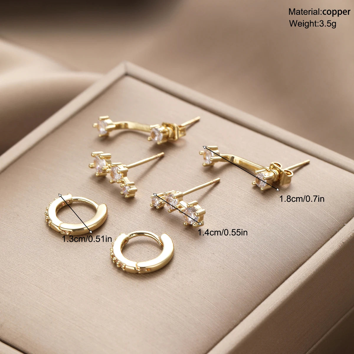 Minimalist Exquisite Gold Color Zircon Stud Earrings Set, 3 Pcs/Set