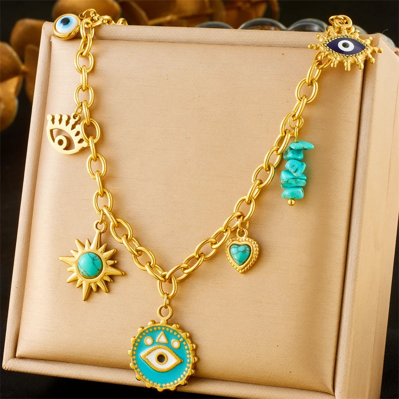 DIEYURO 316L Stainless Steel Turquoise The Devil's Eye round Pendant Necklace For Womens Trend Demon Eye Neck Jewelry Gift Party