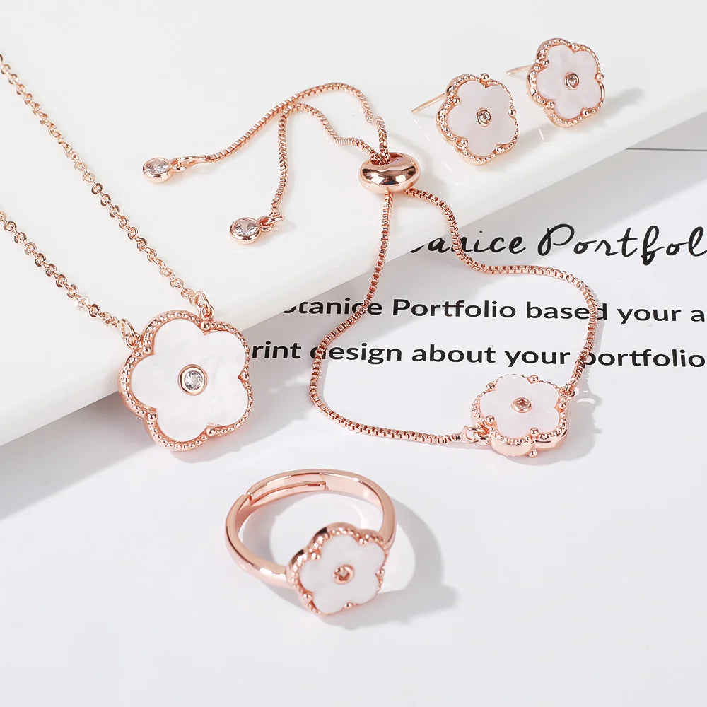 4pc Double-Sided Plum Blossom Jewelry Set Zircon New Hot Selling Plant Five Leaf Flower Women's High-Quality Clover