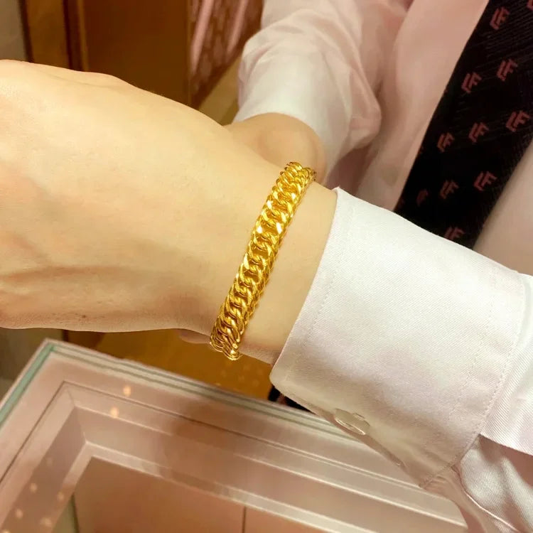 Pure Yellow Gold Bracelets for Women Men Classic Wedding Watch Chain Bracelets Christmas Gifts Jewelry Never Fade
