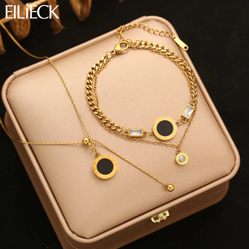 EILIECK 316L Stainless Steel Round Roman Numerals Necklace Bracelet Set For Women Girl Trendy Waterproof Jewelry Set Gift