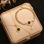 EILIECK 316L Stainless Steel Round Roman Numerals Necklace Bracelet Set For Women Girl Trendy Waterproof Jewelry Set Gift