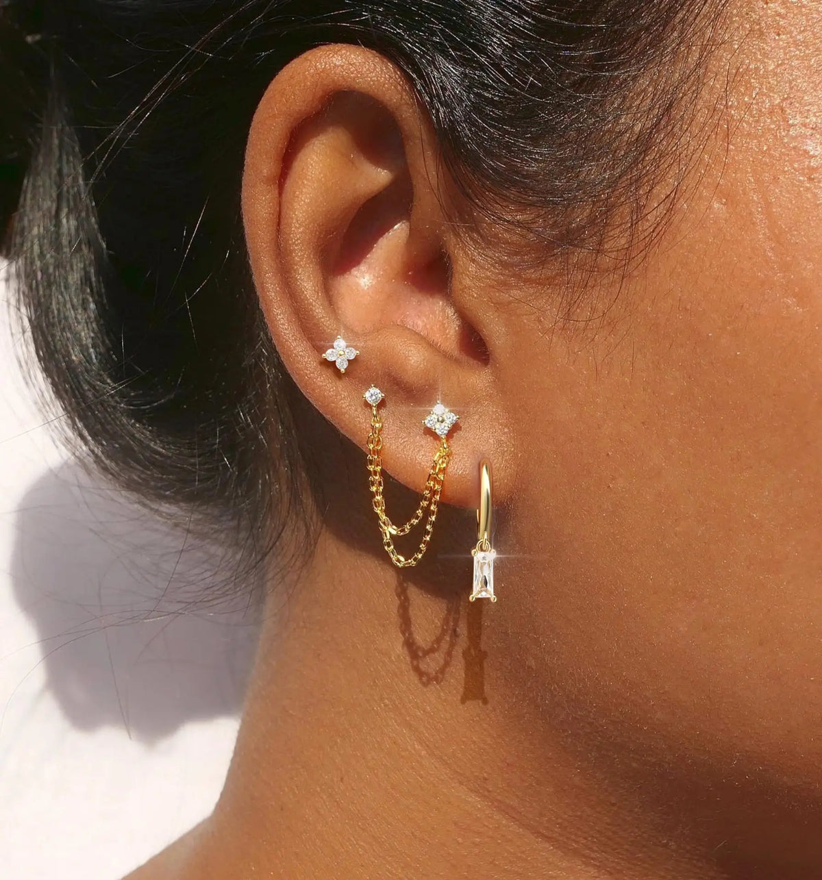 ZAKOL 3pcs Gold Color Stainless Steel Four-Leaf Flower Crystal Stud Earrings Set For Women Exquisite Piercing Jewelry Charm