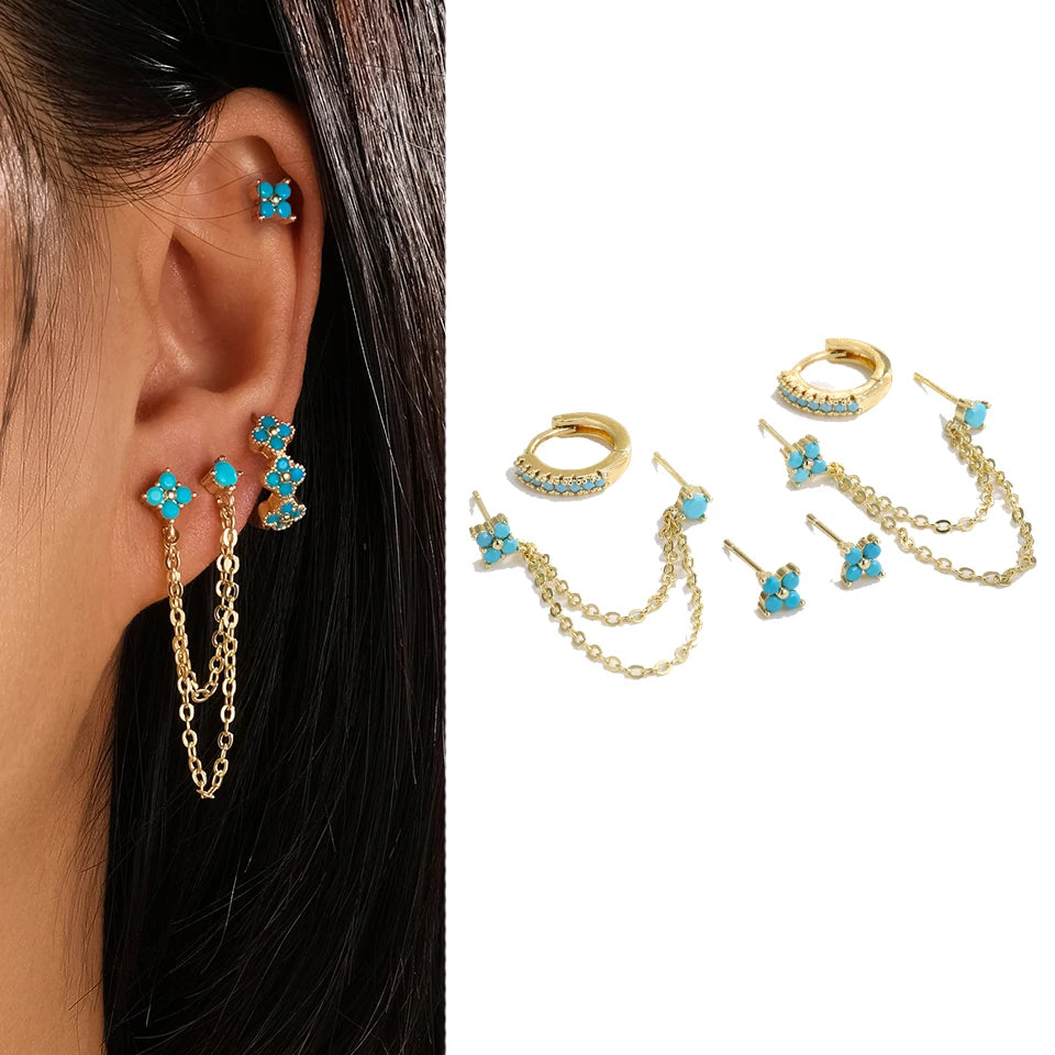 6-Piece Fashion Blue Turquoise & Shiny Zircon Hoop Earring Set