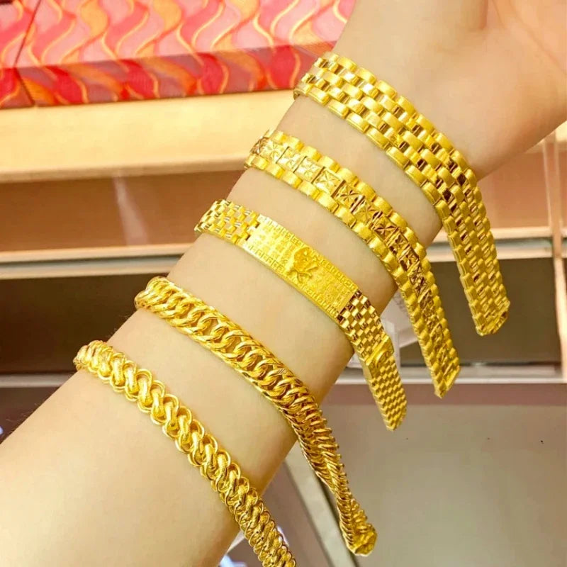 Pure Yellow Gold Bracelets for Women Men Classic Wedding Watch Chain Bracelets Christmas Gifts Jewelry Never Fade
