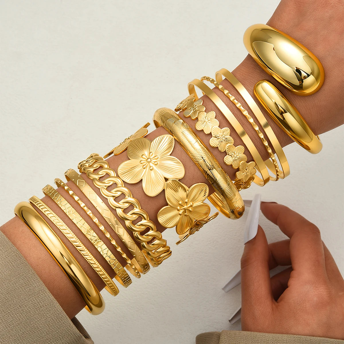 Vintage Minimalist Flower & Hollow Chain Water Drop Bangle Set, 13 Pcs/Set