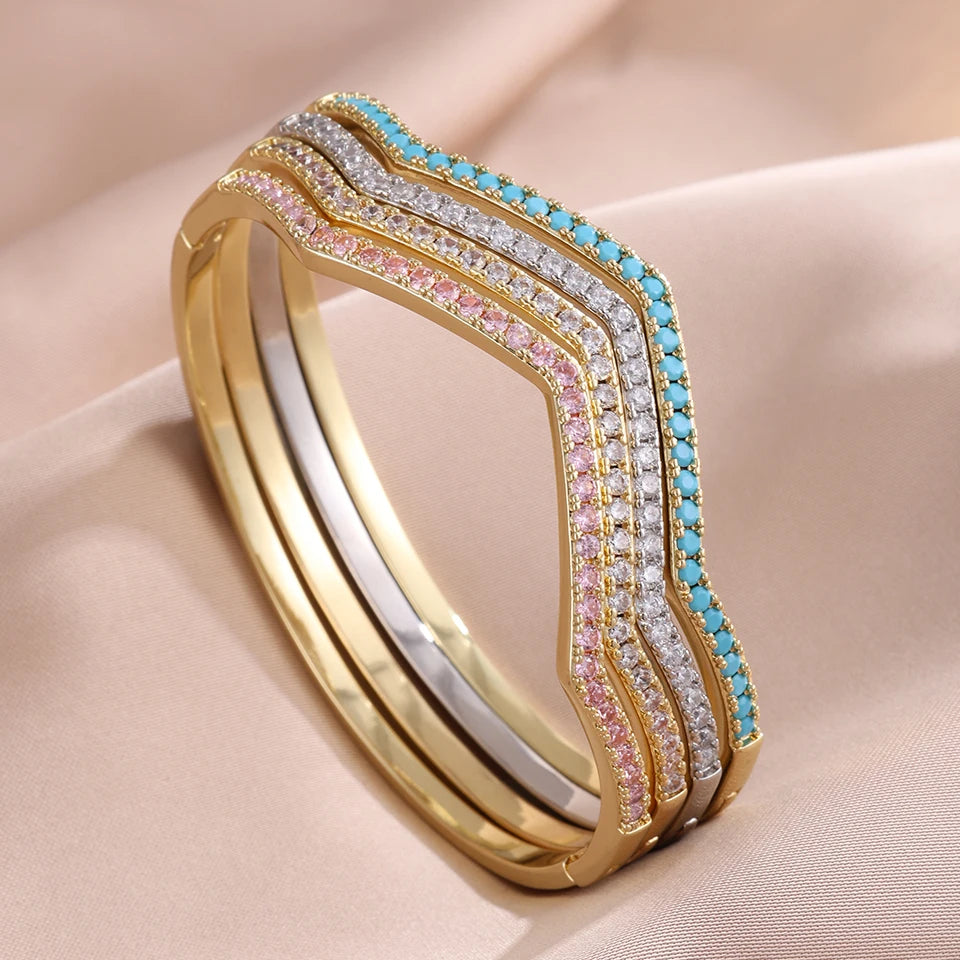 ZAKOL 4 Colors Blue Turquoise Round CZ Zircon Inlaid Bracelet for Women Wavy Slim Bangles Trendy Exquisite Jewelry Gifts