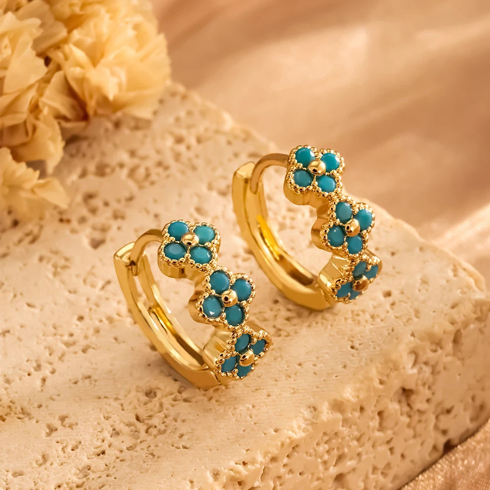 New Classic Turquoise Flower & Blue Four-Leaf Clover Hoop Earrings