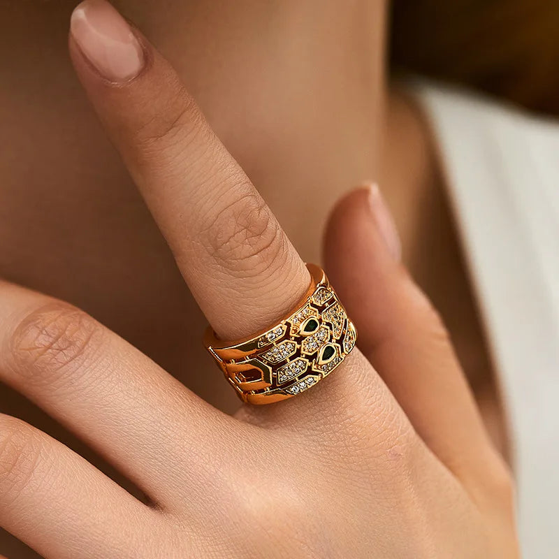 Personalized 18k Gold Plated Exquisite Zircon Ring with Opening Design European American Style Elegant Women Finger Ring
