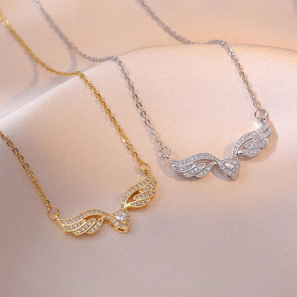 Trendy Gold-Color Stainless Steel Dragonfly Wings Crystal Necklace