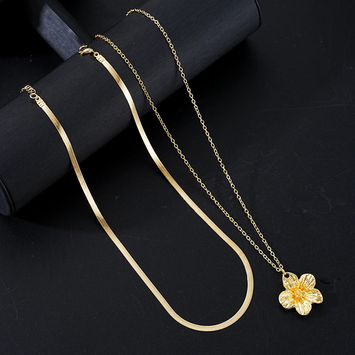 Retro Gold Color Flower & Snake Chain Necklace Set, 2 Pcs/Set