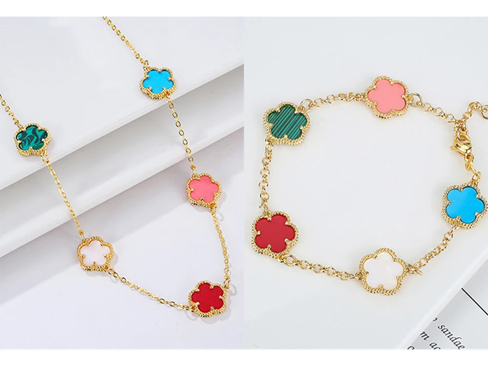 Hot Sale 14 Colors Five-Leaf Flower Set Bracelet Necklace Classic Simple Women Jewelry Set Suitable For Daily Party Wear Clover