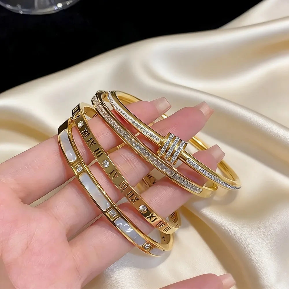 Bracelet jonc de luxe en acier inoxydable plaqué or pour femme, accessoire de mode, cadeau de fête des Mères