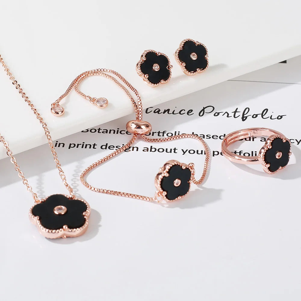 4pc Double-Sided Plum Blossom Jewelry Set Zircon New Hot Selling Plant Five Leaf Flower Women's High-Quality Clover
