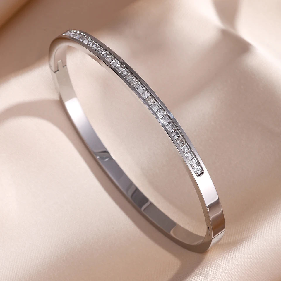Sparkling Zirconia-Inlaid Stainless Steel Stackable Bracelet Set
