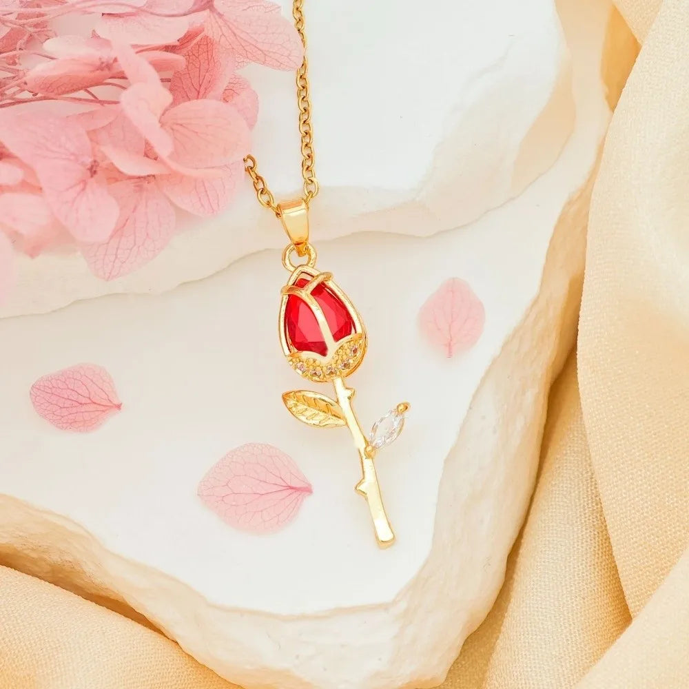 Elegant Tulip Flower Pendant Necklace Minimalist Sweet Style Zircon Pendant Layered Trendy Design Stainless Steel Choker Wedding