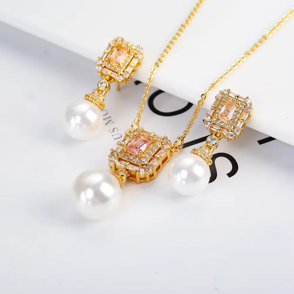 Luxury New Design Simple Irregular Pearl Classic Retro Pendant Necklace Earring Jewelry Set 18K Gold Plated Square Crystal Women