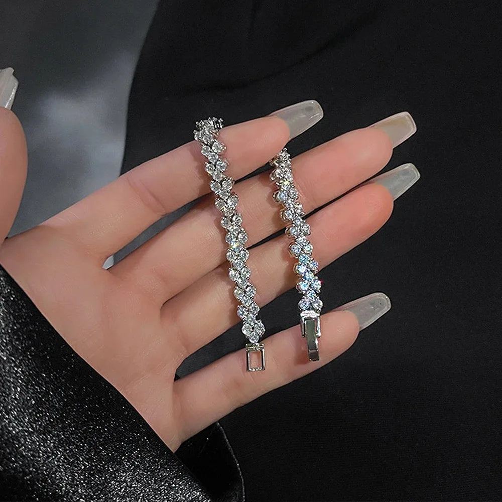 Luxury Roman Crystal Geometric Rhinestone Chain Charm Bangle