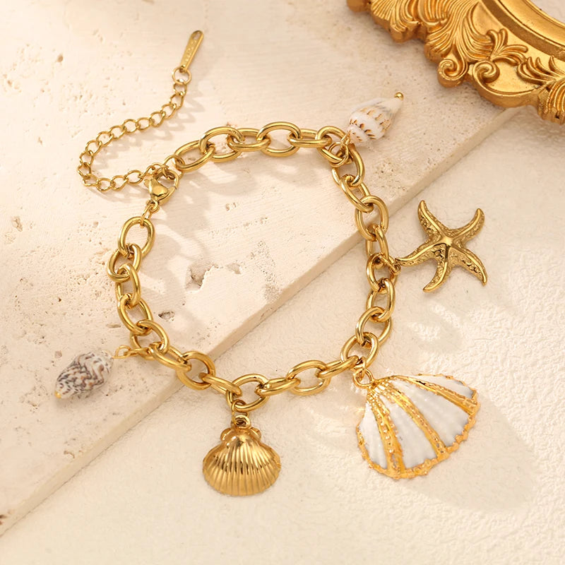 EILIECK 316L Stainless Steel Beach-Style Shells Starfish Bracelet Bangle For Women Trendy Waterproof Hand Chain Jewelry Gift