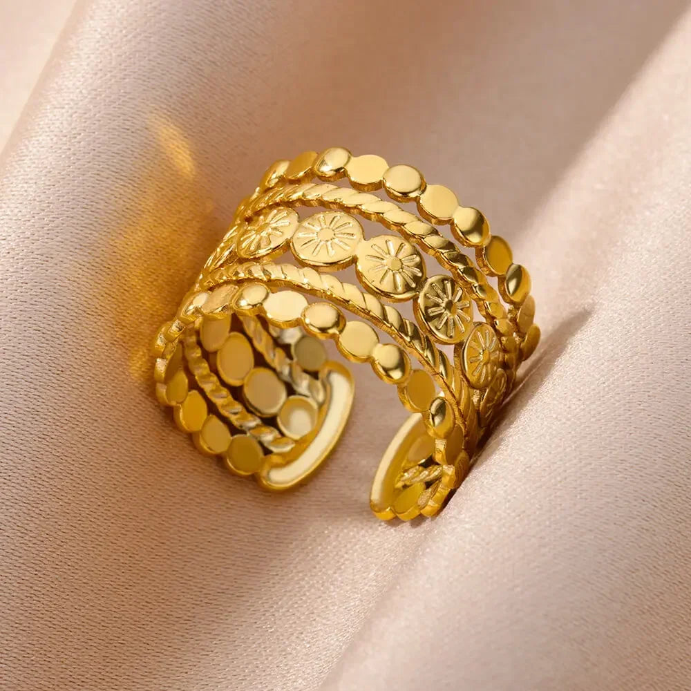 316L Stainless Steel Gold-Color Multilayer Geometric Open Ring