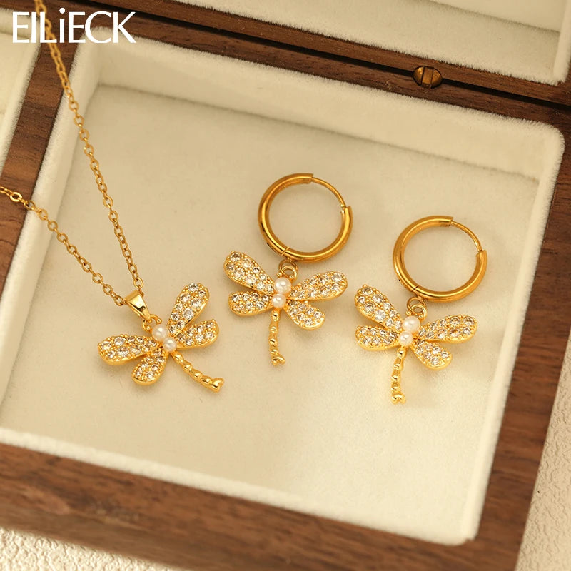 EILIECK 316L Stainless Steel Dragonfly Rhinestone Pearl Necklace Earrings Set For Women Trendy Gift Luxury Waterproof Jewelry