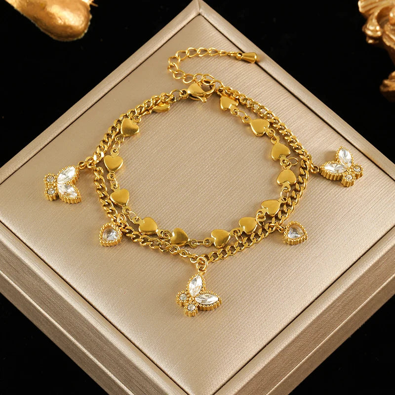 EILIECK 316L Stainless Steel Flowers Stars Charms Bracelets for Women Trendy Layered Pearl Chain Bangles Gold Color Jewelry Gift