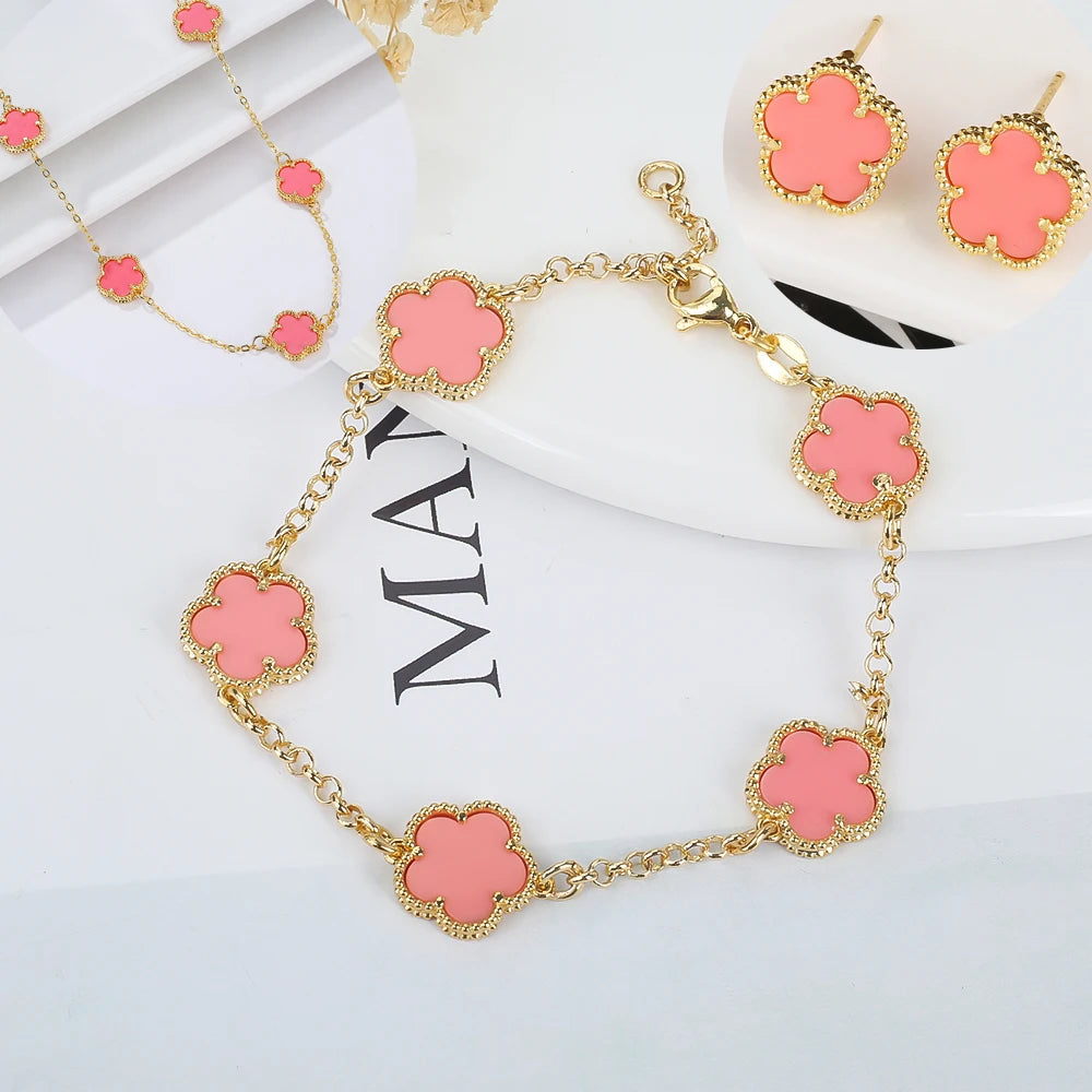Hot Sale 14 Colors Five-Leaf Flower Set Bracelet Necklace Classic Simple Women Jewelry Set Suitable For Daily Party Wear Clover